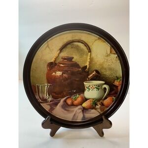 Vintage Round 10 3/4" Metal Serving Tray - Design with Teapot Cup Strawberries